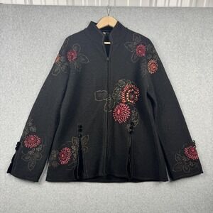 CoVelo Jacket Womens XL Black Wool Silk Floral Embroidered Zip Up Boho Artisan
